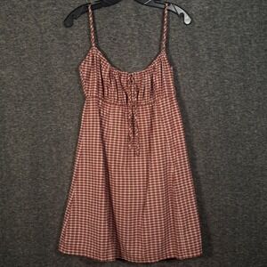 UNIF Plaid Cotton Mini Dress Burgundy Beige Check Spaghetti Strap Medium